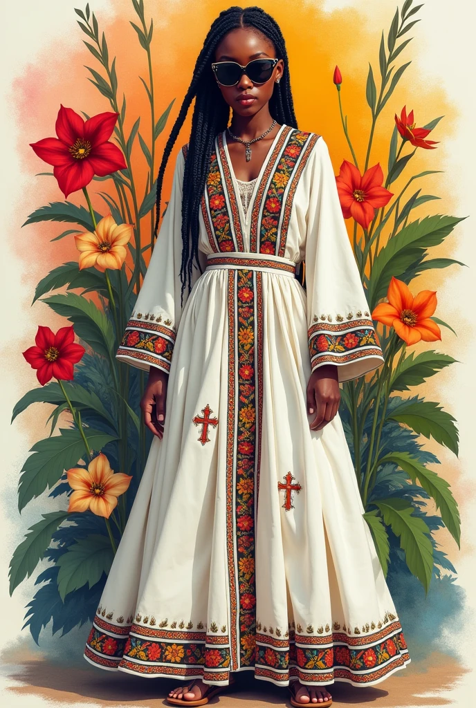 Full body, water colors, ink drawing, beautiful cyberpunk Ethiopian habesha woman, wearing smart digital sunglasses, clean defined delicate features, stylish,Create a photorealistic image of an Ethiopian woman wearing a traditional Habesha kemis. The dress should be ankle-length, made of white cotton fabric with intricate, colorful embroidery around the neck, wrists, and hem. Include a matching shawl draped over her shoulders. The setting should be natural with good lighting, habesha dress, cross necklace , colorful floral background, in the style of Albaso braids.add cross in her cloth