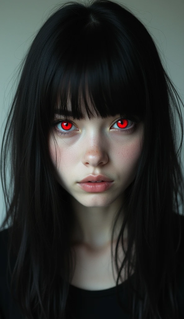 girl with red eyes, straight black hair with red highlights, black painted lips and black eyeliner