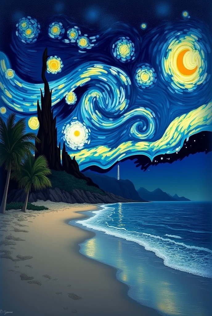 Starry night by van Gogh with beach more realistic and night time
