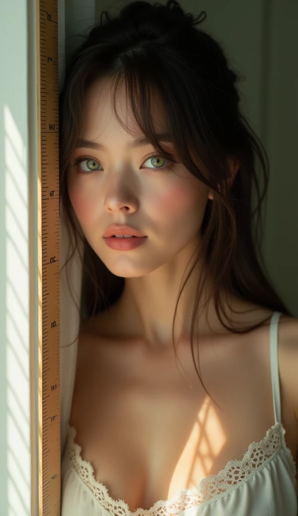 beautiful light green colored eyes, (body shape is a pear):1.33, (slightly chubby face):1.32, (round face form):1.31, soft lighting, dreamlike ambiance, adorable smile, sparkling eyes, rosy cheeks, look into camera, (Solo 26yr old girl lean to 2m vertical ruler, little chubby, 162 cm height, weight 60 kg, dark chestnut hair, elongated square haircut, chest 84 cm,  waist 66 cm, hips 95 cm, ribcage 76 cm, 75AA size breasts, Ukrainian ethnic):1.5, Отблеск от линзы, Шедевр, Реалистичная анатомия, (35mm, ISO50, f/0.8L lens),(full length view):1.34.