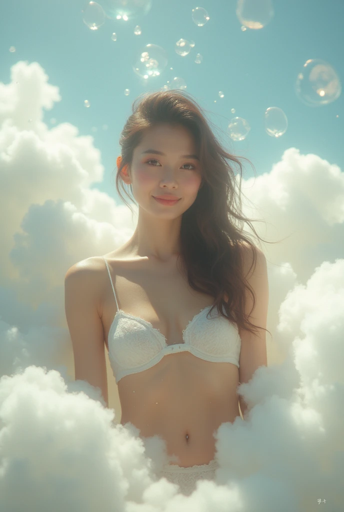 masterpiece, best quality, stills, 1 girl, floating in the sky, cloud girl, cloud, (close up:1.1), bright, happy, pleasure, soft light, (Bauhaus, shape, Wire, Abstract:1.1),Off the shoulders,Strapless,Tight and y semi-sheer crop top,perfect ,Bree looming,The lower half of the chest is completely exposed,Show belly button,Whi-back,camel toe protowing thighs