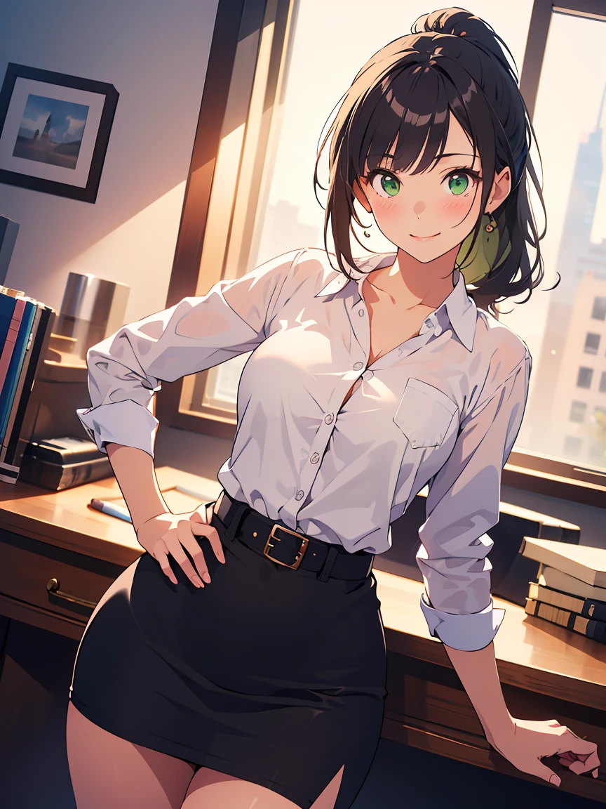 ((highres)), (Masterpiece), superior quality, high quality, best quality, beautiful, perfect lighting, detailed face, ultra cute face, cute, ((1girl)), ((solo)), medium fluffy black hair, ponytail, green eyes, (blush), outgoing, smiling, modern office, detailed background, standing in front of viewer, medium breasts, perky breasts, (wide hips), (thick thighs), office lady, button white shirt, tucked in shirt, belt, black skirt, pencil skirt, extremally tight skirt, looking at viewer, holding coffee, on hand on hip, standing in center,