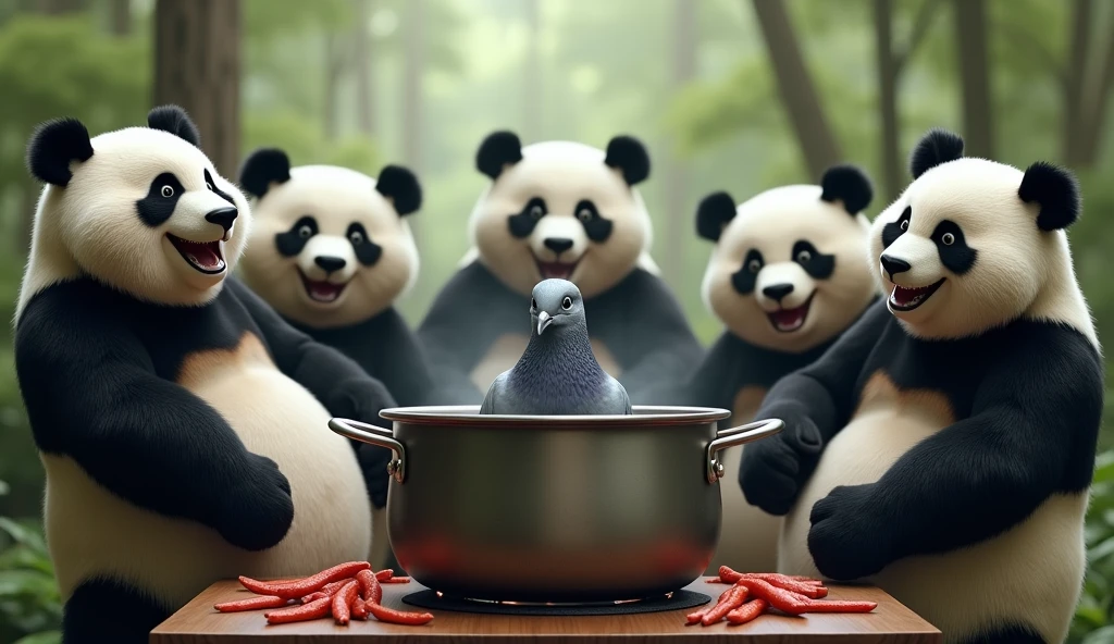 (masterpiece, best quality, ultra detailed, photorealistic:1.2), ((Muscular panda has a smiling expression)), A group of muscular pandas are gathered around watching a grey pigeon being cooked in a big stockpot on the stove., forest, (big stockpotからグレーのハトの頭が出ている), (Gray pigeon has a frightened expression),