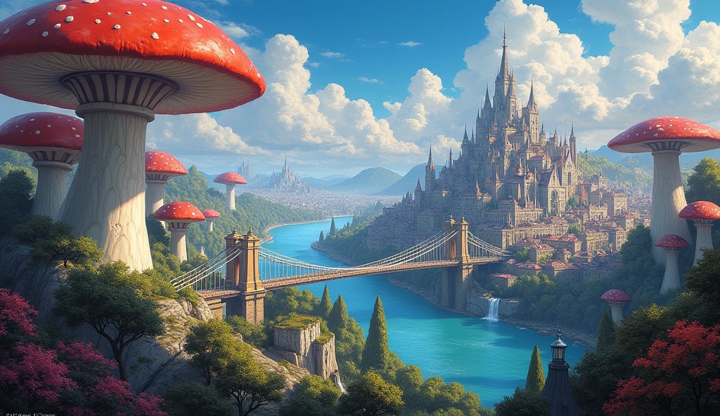 (masterpiece:1.2), Very intricate details, ff14style, Dynamic painting, Depicts a bustling city with a majestic bridge spanning a wide river, Surrounded by towering giant mushrooms. The vast landscape is filled with vibrant colors