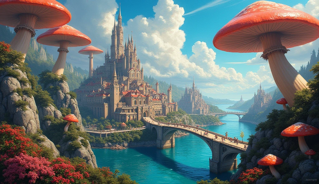(masterpiece:1.2), Very intricate details, ff14style, Dynamic painting, Depicts a bustling city with a majestic bridge spanning a wide river, Surrounded by towering giant mushrooms. The vast landscape is filled with vibrant colors 