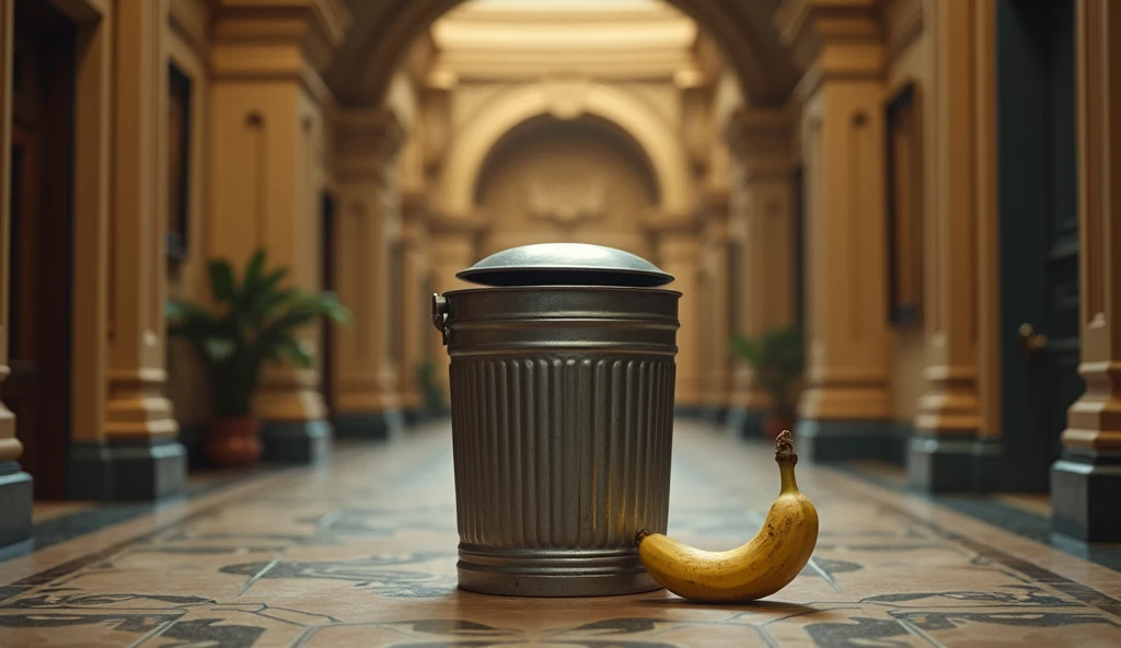 a palace entry hall with a metal trash can in the middle and it's lid is half open with old banana hanging out