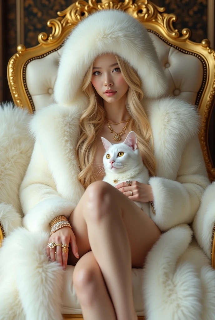 HD, high quality, sexy cute woman, asian, young, korean student, realistic, real,8k, clean, teenager woman with blonde gorgeous hair, pale skin, her face is also very beautiful and looks mature. sexy, She has a fit body. wearing huge white fur coat, big mink fur hat, fur coat covering all the body, wearing big fur hat, sitting on golden throne on the fur mug, 6 gold necklaces, princess handsome, petting cat, gorgeous face, she has slim body,wearing huge white fur coat, many jewelry, alots of gold jewelry, every finger has golden rings, 10 golden huge giant rings, her sexy leg , she wearing fur slippers, holding a whip, super huge titties, big hips,
