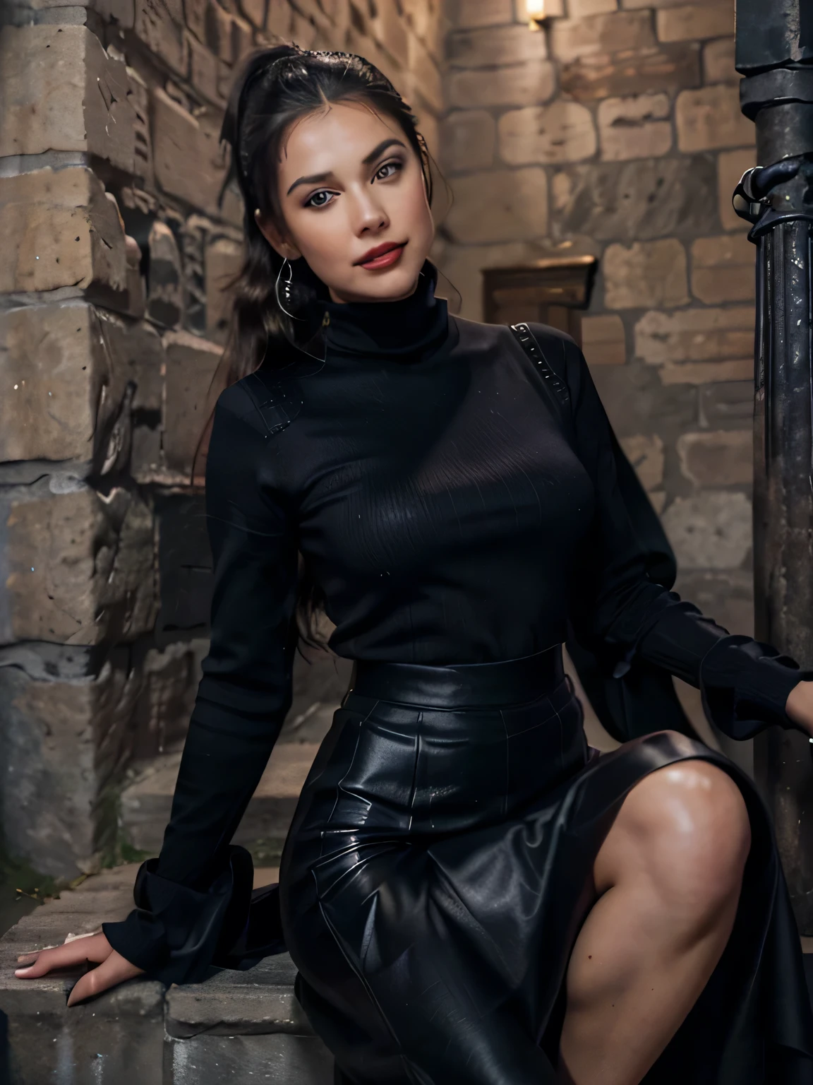 photo of a completly clothed prime minister of parliament woman with a smile ( no nudity) ,waitin for the man she had to kill , monica bellucci at 32 , ((incredibly clear clear blue eyes )) (( flirting with the camera)) (( smart smiling lookin at the camera)) (( red lipstick)) (( Monica is dressed with a very long near feet black cloack over a blue tellier jacket blue turtleneck sweater , gold chain, and and a black long maxi-skirt (black long maxi-skirt:1.2 )) (( black soft stiletto high knee boots )) (( black ponytail hair)) , she wear her black soft gloves , (( going down a narrow spiral staircase in an ancient tower of a medieval castle holdin a candle )) (( the photo is from worms eyes view )) 4k 8k ultradetailed, kodak print, detailed realistic face, 4k 8k ultradetailed, smooth images, realistic woman, detailed eyes, detailed face, detailed lips