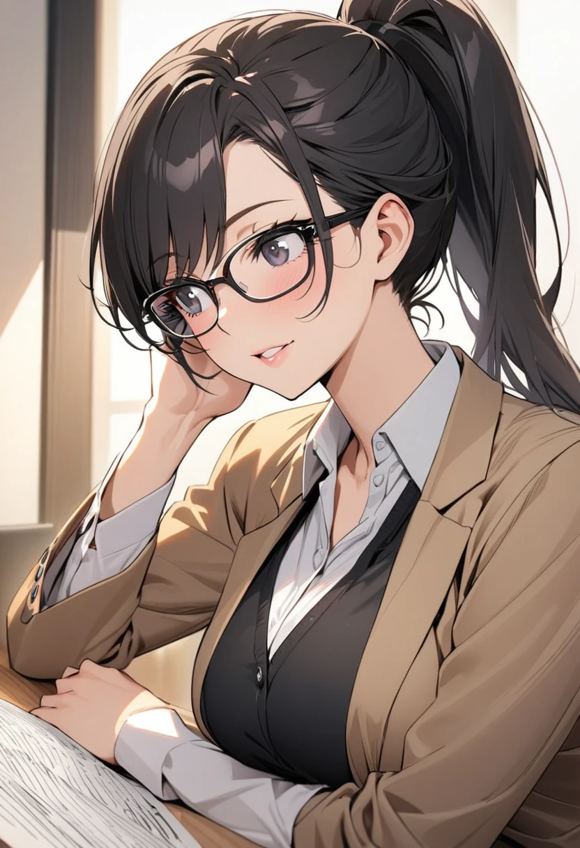 girl, mature, black eyes, black hair, long hair, beautiful eyes, beautiful color, high detail, cute, ponytail, glasses, teacher