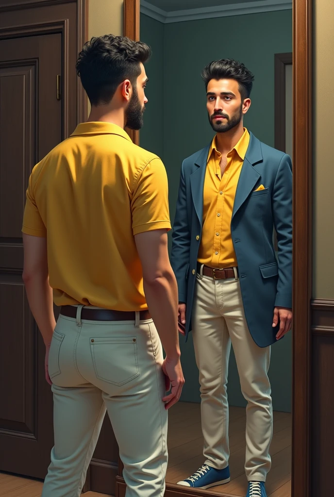 Professor Petterson, a 2 man with short, tightly curled black hair in a military-style cut, stands confidently in front of a mirror. He wears his classic outfit: a yellow polo shirt, neatly tucked into white pants, secured with a brown belt, and blue sneakers that add a casual touch to his look. His well-groomed goatee frames his strong jawline, giving him a sharp and modern appearance.

As he gazes into the mirror, he sees a reflection not of himself in the present, but of a version of him from the 1800s. This other Petterson mirrors his pose and expression, but wears the attire of a different era—perhaps a high-collared shirt with a waistcoat and trousers. The two versions of Petterson, separated by time yet identical in many ways, lock eyes through the mirror. 

The scene is filled with a sense of intrigue and contemplation as the modern-day Petterson and his 19th-century counterpart silently communicate through their shared reflection, pondering the connection between past and present.
