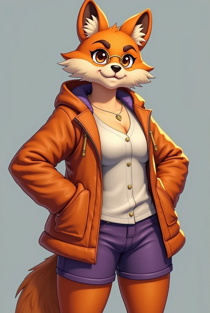 Loba furry,orange coat with light orange belly,white blouse with neckline,short purple shorts, big ear and big bushy tail, eyes browns, short curly brown hair,small breasts almost flat, belly a little chubby,thick thighs and round gold glasses