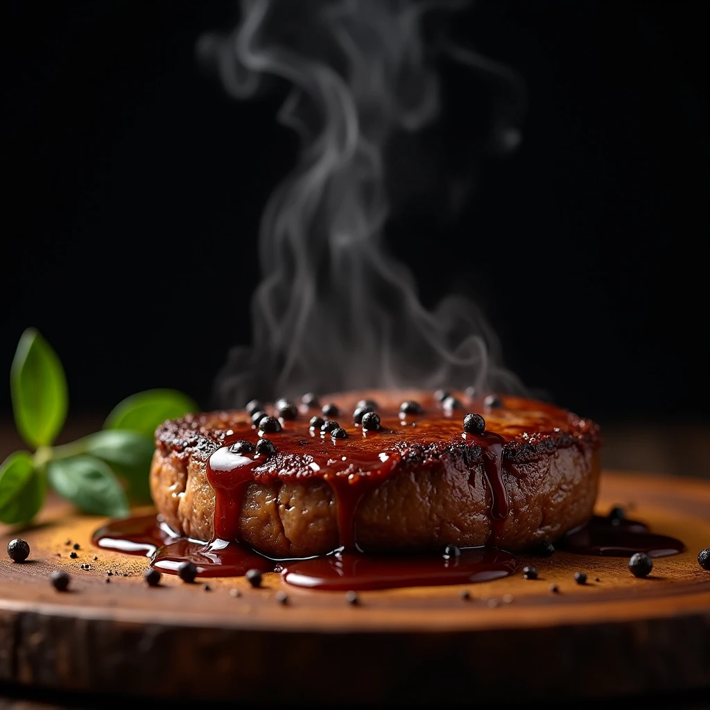 Steak recipe clean picture realistic food, steaming hot, peppercorn sauce on top of the steak and dripping off the side of the steak, on rustic wood floor, placed on a dark background, medium contrast
