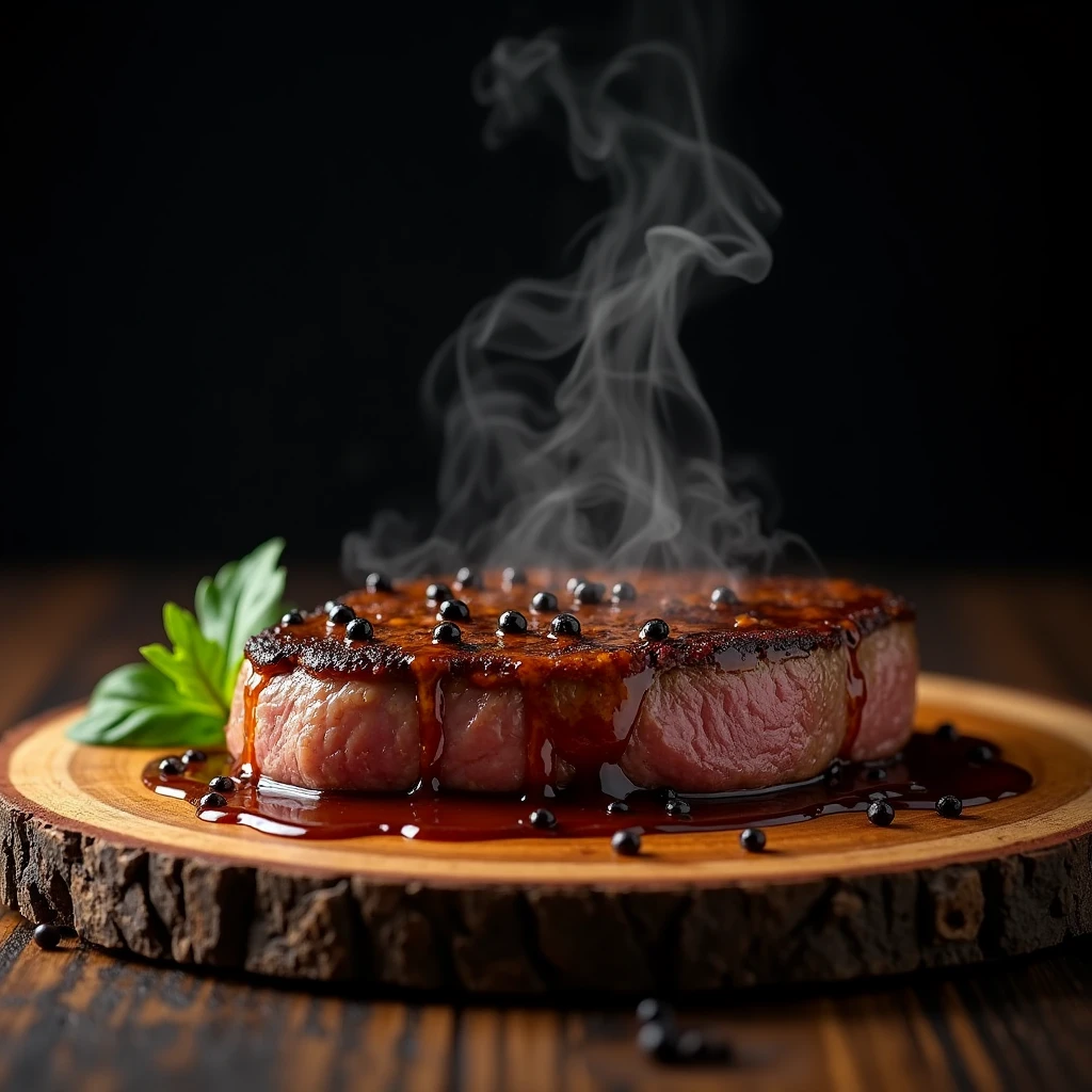 Steak recipe clean picture realistic food, steaming hot, peppercorn sauce on top of the steak and dripping off the side of the steak, on rustic wood floor, placed on a dark background, medium contrast