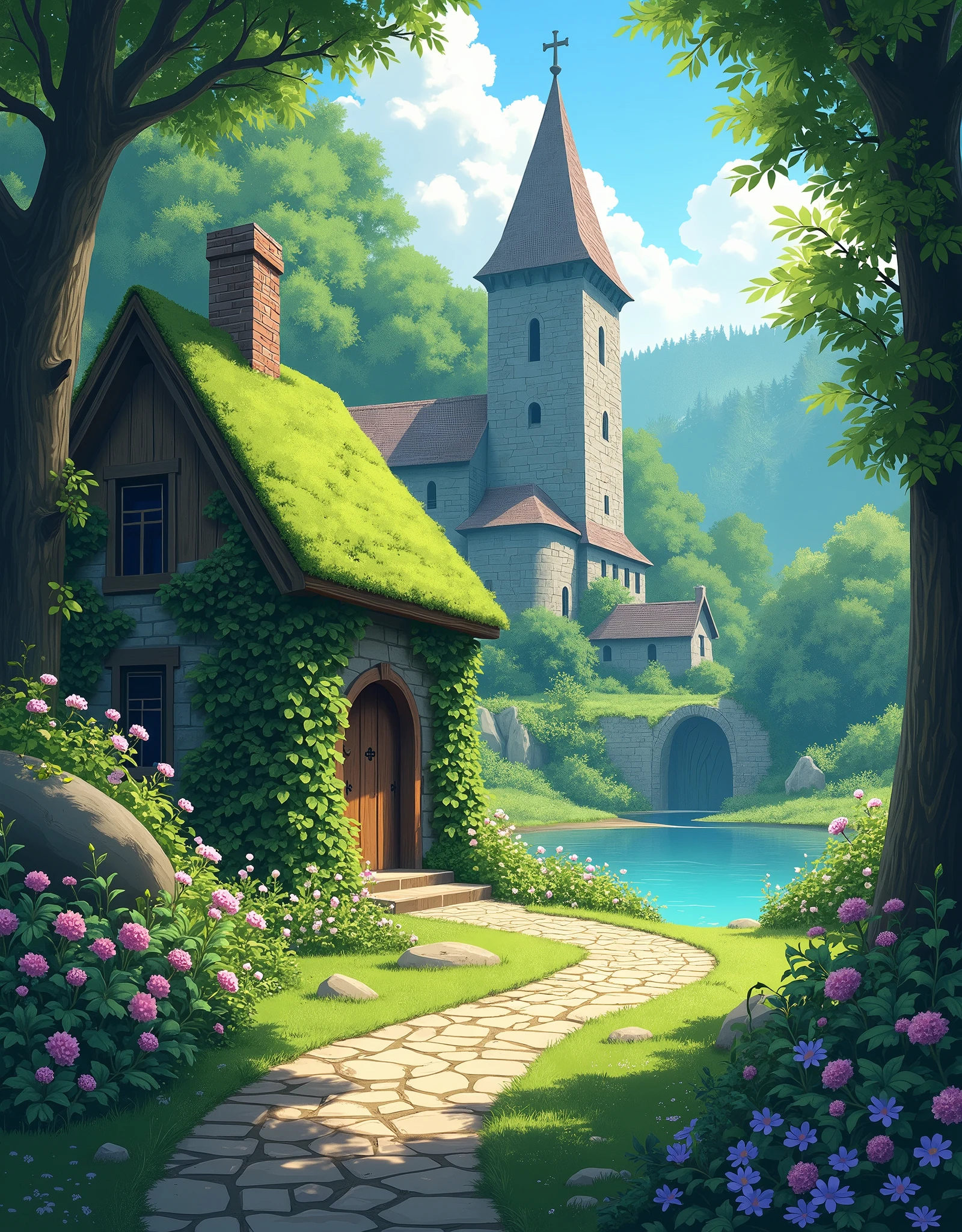 Create an anime-style illustration of a serene and enchanting medieval village nestled in a lush, green forest. The scene should feature a winding cobblestone path covered with patches of moss, leading to a quaint stone cottage with a wooden arched door, partially covered by climbing ivy and blooming wildflowers. The roof of the cottage is moss-covered, blending harmoniously with the surrounding greenery.

In the background, include a tall, old stone church with a pointed steeple, topped with a cross, rising above the dense canopy of trees. The church is partially shrouded in a light mist, giving it a mysterious and mystical appearance. Surround the village with a variety of vibrant flowers and foliage, with gentle ripples in a calm pond reflecting the greenery and sky above.

Soft, diffused sunlight filters through the leaves of the towering trees, casting dappled light and shadows across the scene, enhancing the tranquil, fairytale-like atmosphere. The color palette should be rich in greens, with touches of pink, purple, and white from the flowers, and soft, muted grays for the stone structures. Add a gentle, whimsical feel to the illustration, capturing the essence of a peaceful, hidden village in a fantasy setting.