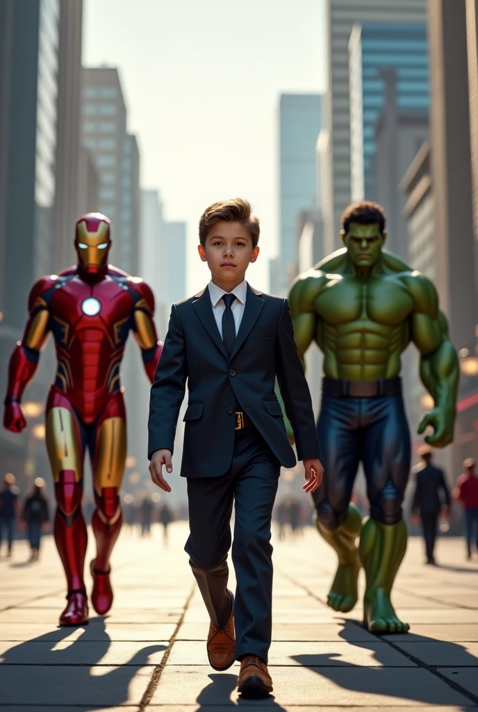 A boy wearing a suit, tie, and shoes walks through the majestic city center and is escorted by Iron Man, Spiderman, and the Hulk.