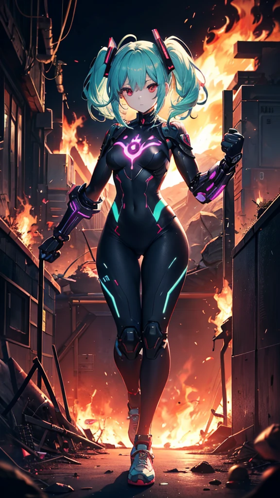 (Tabletop), (Perfect athletic body:1.2), Anime Style, whole body, Cyberpunk Girl, Sea green twin hairstyle with red eyes, Wearing a Cyber Costume, Black and Purple Flaming Fist, Burnt mechanical limbs, Standing in the Wilderness, Flame burning in the chest, White Background, whole body,