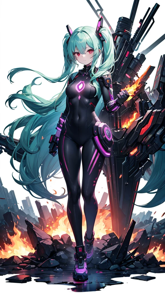 work of art, best qualityer, ultra detali, illustration, epic lighting, film composition, 1 girl, cute, red sclera,red pupils, cyborg, tatoo, hair green, colored fur, breasts small, Black jacke, standing, legs apart hands with black gloves with yellow details, lovely gaze, captivating pose, trunk:1.1, gazing at viewer, pretentious smile, cloused mouth, plein-air, citys, cyber punk, neon lights, Street, (natta, tenebrosa, tenebrosaness, tenebrosa como breu, eyeshadows:1.4), (8K:1.1),  