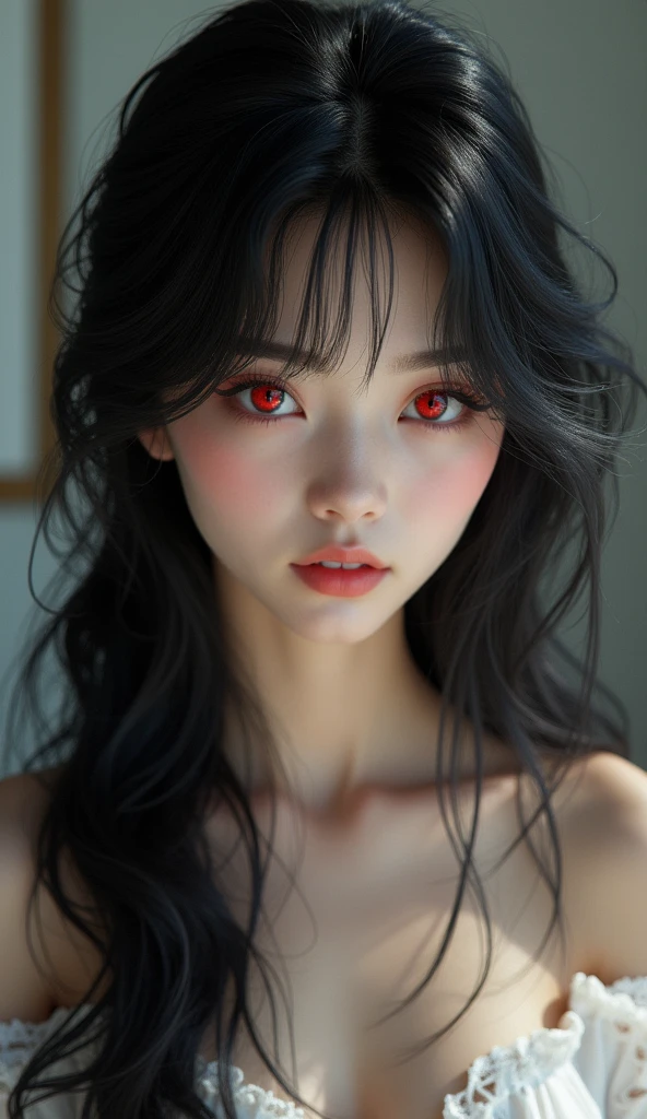 gorgeous young woman: long black hair with full bangs on forehead: Red iris eyes: very white skin: age 19 years, 真实感, OctaneRender 8K,