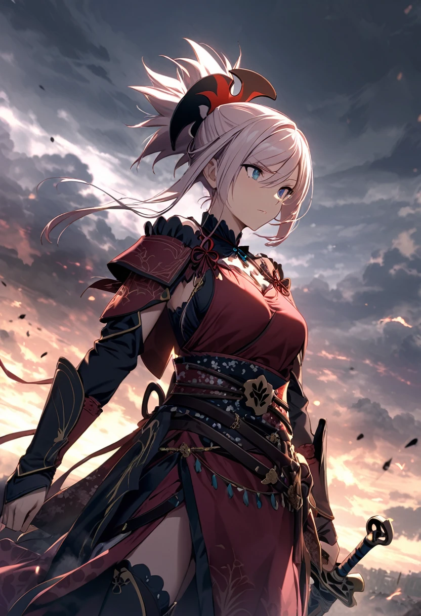 宮本武蔵がTwo-Wayを披露しているシーン。He has a sword in each hand、Hall々He is looking straight ahead with a confident attitude.。The battlefield spreads in the background.、The scene of warriors fighting under a gloomy sky is depicted in a vague manner.。Miyamoto Musashi&#39;s concentrated expression and powerful posture、The new fighting style he invented『Two-Way』It emphasizes the innovativeness of