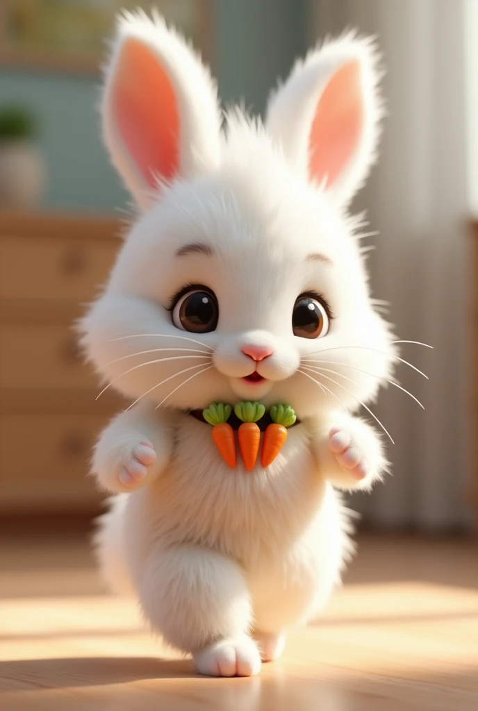 3D cute baby rabbit character、Pure white fluffy fur、running、Inside the house、masterpiece, Background Blur, Belt decorated with carrots、shut up., Big eyes、Sparkling eyes、