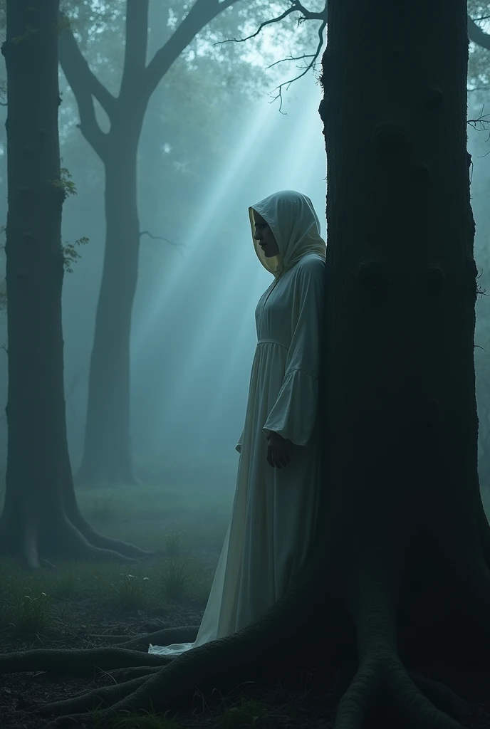 woman covered in a white cloak, observing, hidden in the fog in the middle of the forest, behind a tree. chilling feeling of fear