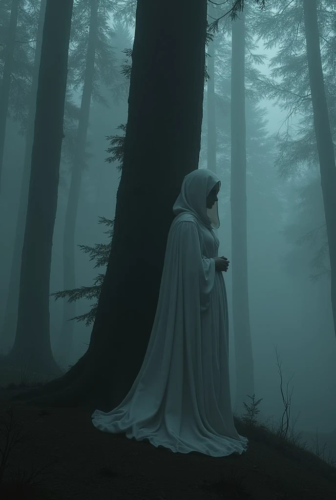 woman covered in a white cloak, observing, hidden in the fog in the middle of the forest, behind a tree. chilling feeling of fear