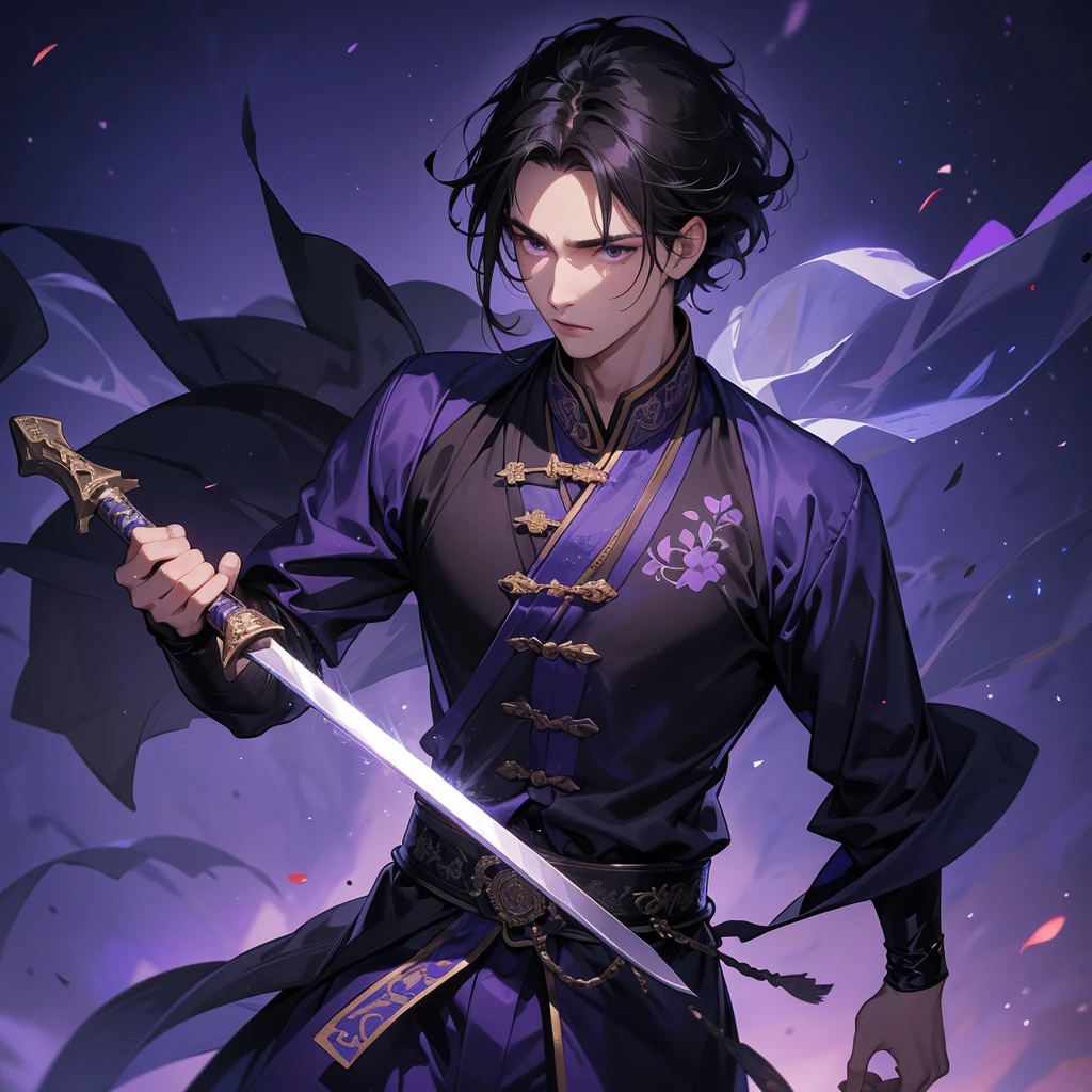 A Handsome black-hair male holding a large sword in an ancient chinese costume, Background is a dark moonless night, with dry trees in the background, and purple glowing light,close up.