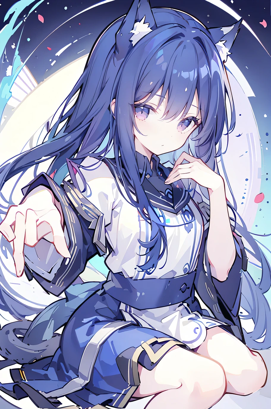 (Masterpiece:1.2)，Ultra-detailed，lifelike，The eyes are expressive，Fair skin，Perfect face shape，1 girl，Japanese Manga，Gorgeous blue hair，Flowing blue hair，Flowing clothes，Cat ears，Petals falling，Shy face，sitting on window，Place your hand on your lips,masterpiece, absurdres, novel cover, cover illustration, 1girl, solo, dark blue-haired ponytail, mage robes, flower background, clock background, monochrome, line drawing