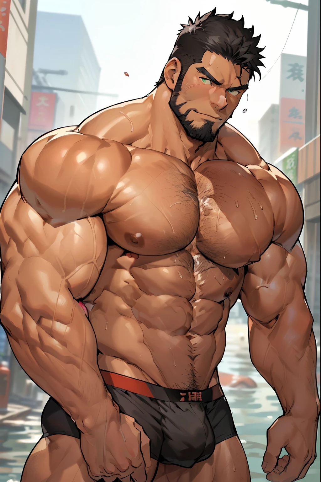 best quality, masterpiece, Extremely detailed, 1 person, Solitary, Mature雄性, Adult male, muscular, only, Macho, Strong, Large target, Studs, Black Hair, black beard, Thick beard, Green Eyes, Bright Eyes,, ((Show your pectoral muscles:1.5)), (Military Western), Looking at the audience, City background, City background,(Thick body hair),(他露出muscular, Hairy legs),(Very prominent crotch),(Very large)Broad shoulders,Muscles protrude a lot,Crotch bulge,(Long legs),Highest image quality,Japanese cartoons ,Anime Wallpaper,Chest muscle expansion,Spread your legs,Sexy,(main part, best quality),((Exaggerated muscle bulge)),Very prominent reproductive organs),(Briefs thongs:1.6),(Crotch bulge呈现条状物:1.4),Tear off clothes ,(The upper body is completely bare:1.5),Full chest muscles,Sagging breasts,Huge nipples,Muscular thighs,Legs close-up(barefoot),(barefoot),Mature,(Long legss covered with long, Thick leg hair),Bigfoot,(whole body),(Long legs hair)muscular!, Giant muscles, muscular bodies, muscular character(Black nipple protrusion:1.8)Full chest muscles,Sagging breasts,Huge nipples,Muscular thighs,Legs close-up,(夸张的构图Sexy人物动态:1.9)