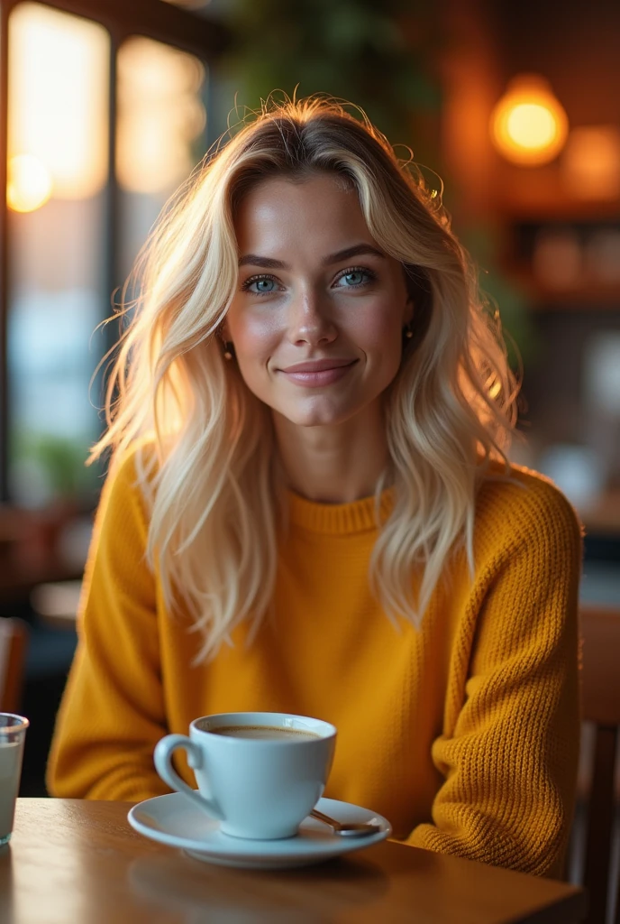 Pretty beautiful blonde with a yellow sweater (drinking coffee in modern cafe at sunset), very detailed, , Visage innocent, naturally wavy hair, blue eye, high resolution, head of&#39;artwork, best quality, complicated details, very detailed, sharpness, detailed skin, realistice Hauttextur, texture, detailed eyes, Professionnel, 4K, charming smile, prise avec Canon, 85 millimeters, Slight depth of field, Kodak Vision Color, corps parfaitement ajusté, extremely detailed, Photo_\(ultra\), fotorealistic, realistic, post-traitement, maximum details, roughness, real life, ultrarealistic, photoRealism, Photography, 8k uh, Photography