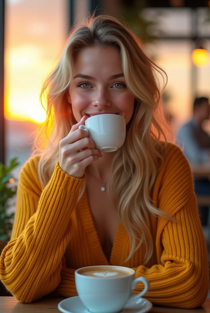 Pretty beautiful blonde with a yellow sweater (drinking coffee in modern cafe at sunset), very detailed, , Visage innocent, naturally wavy hair, blue eye, high resolution, head of'artwork, best quality, complicated details, very detailed, sharpness, detailed skin, realistice Hauttextur, texture, detailed eyes, Professionnel, 4K, charming smile, prise avec Canon, 85 millimeters, Slight depth of field, Kodak Vision Color, corps parfaitement ajusté, extremely detailed, Photo_\(ultra\), fotorealistic, realistic, post-traitement, maximum details, roughness, real life, ultrarealistic, photoRealism, Photography, 8k uh, Photography