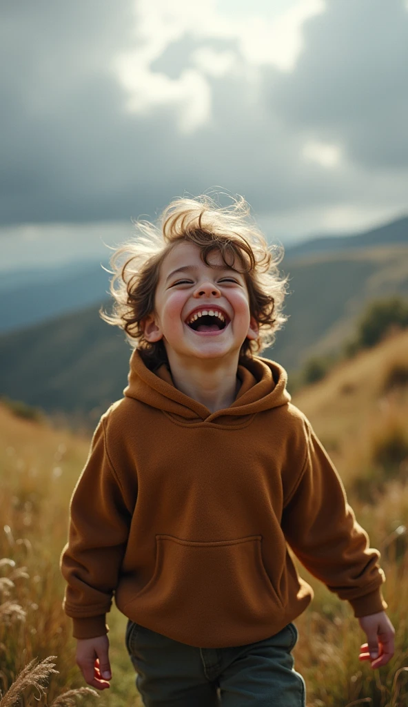 Create UHD photorealistic realistic photo, no animation, no 3D image, no Pixar style animation, no extra fingers. 30-month-old French-Celtic boy named Maël, hair tousled by the wind, laughing on a windy hilltop. Sony A1 with 35mm f/1.4 lens. Dramatic natural lighting with storm clouds in background. Lifestyle portrait style.