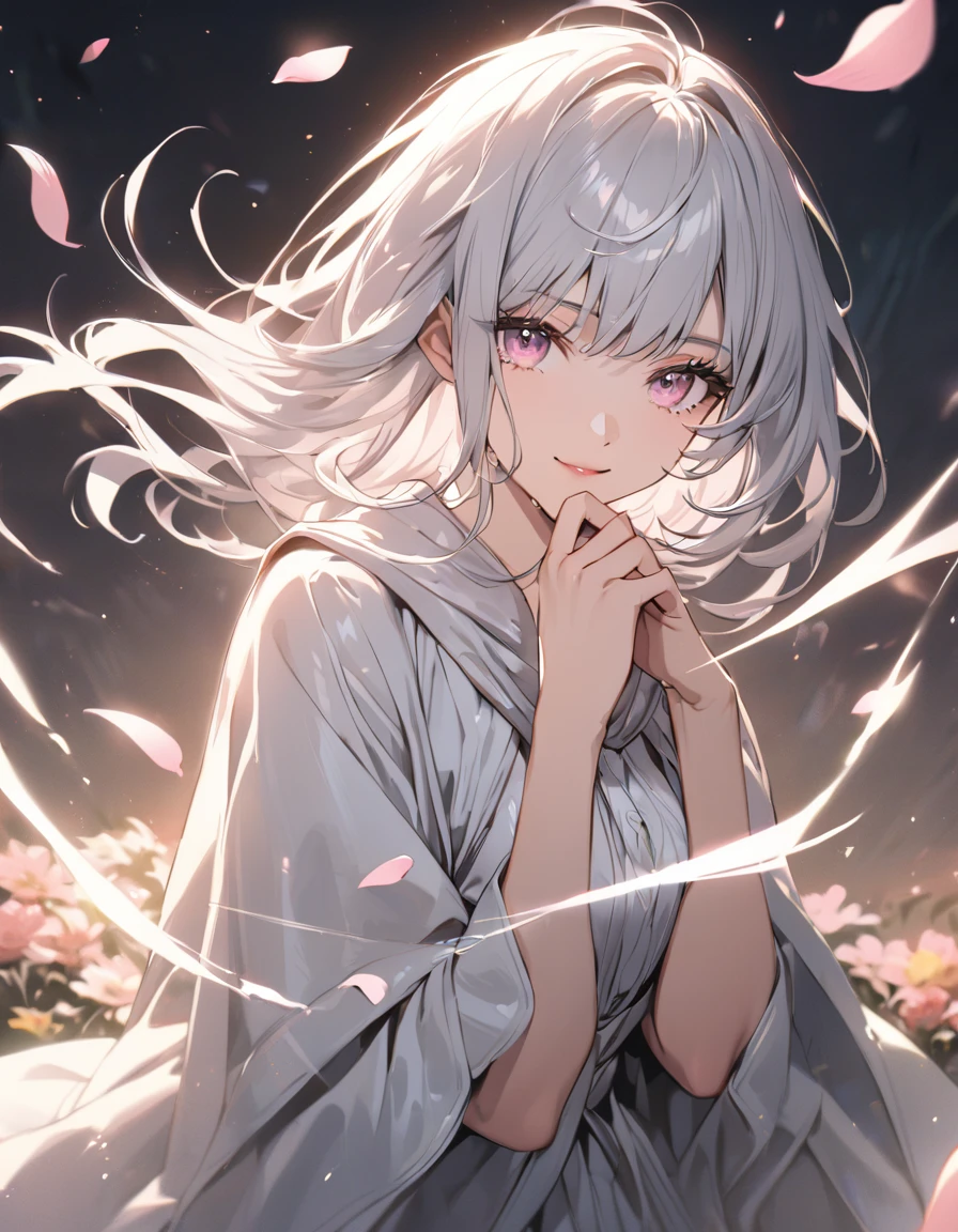 (masterpiece)、(absurdres)、(ultra detailed)、(8k),Anatomically correct,(solo girl),(white hair),shortcut hair,(shiny pink eyes),(middle breast:0.9),(wizard robe),(white dress),BREAK,(yellow hairpin:0.9),BREAK,from front,smile,tears:1.2,long shot:1.4,colorful garden background,Floating Petals:1.2,cinematic lighting:1.3,hair blowing,own hands together:1.1,