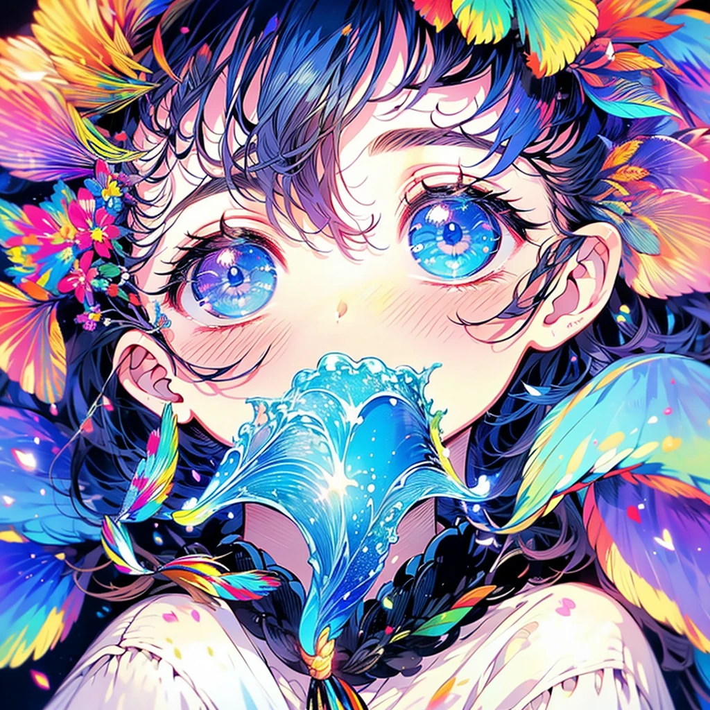 Masterpiece、Rainbow Hair、Delicate eyes、smile、Tied up hair、Beautiful hair ornament、Upper Body、(((Close your eyes and open your mouth to smile)))、night、Ocean、Palm tree