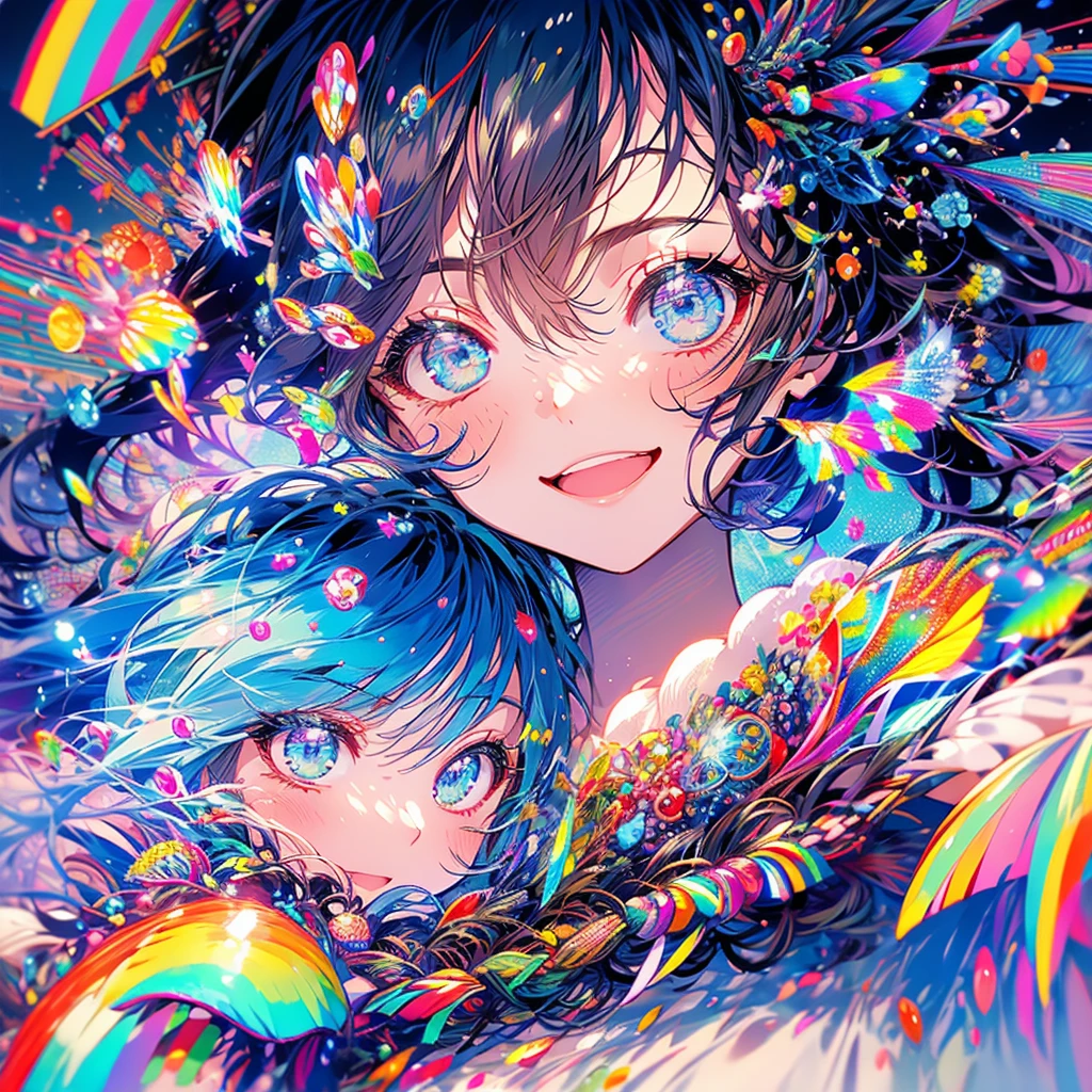 Masterpiece、Rainbow Hair、Delicate eyes、smile、Tied up hair、Beautiful hair ornament、Upper Body、(((Close your eyes and open your mouth to smile)))、night、Ocean、Palm tree