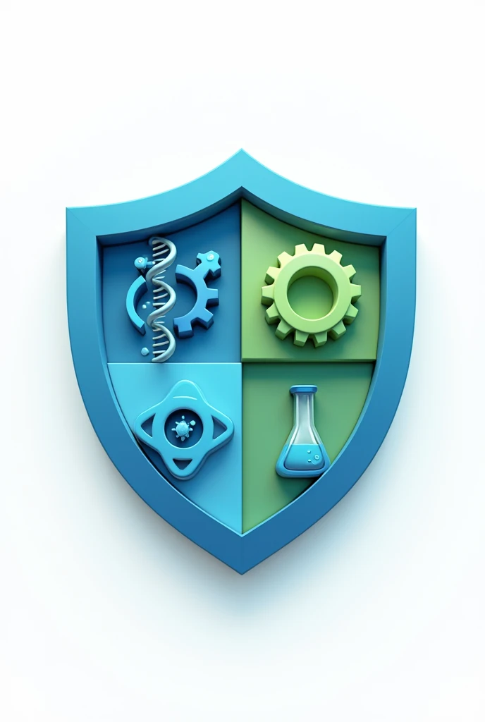 Science club logo, shield, with dna, gears, atom, and science experiment tube divided into four boxes with blue and green backgrounds, 3d logo, white background, clear logo and cute