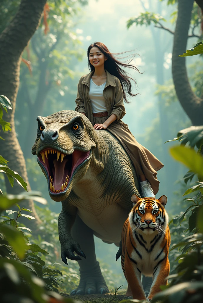 1 beautiful Korean adult woman,smile,long hair blowing in the wind.wear a t-shirt,jacket,and long velana.white shoes. riding dinosaurus in the jungle, very big tiger, Front view of Lostrun 8k , artgerm and ruan jia, You fantasy 4k. surreal fantasy art, real fantasy art, artgerm and ruan jia, You fantasy 4k, teenage girl riding a dragon, surreal fantasy art, real fantasy artistis, Monster Hunter the Movie, Japanese live action film, fantasy detail 4k.super beautiful