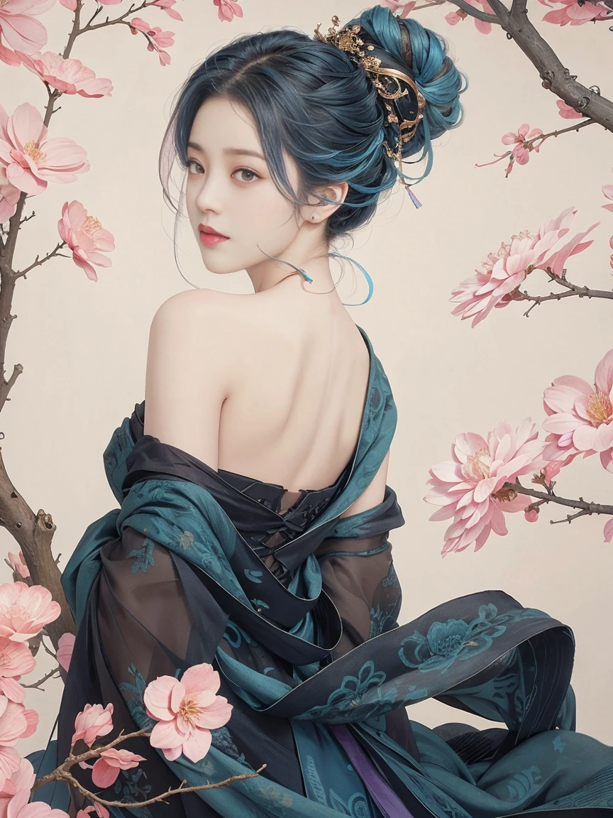 highly detailed, 8K, masterpiece, 1 girl, blue pink_hair, nude, Smile, (perfect_Face), boundary, close up, crazy, exist_Back, Gorgeous, complicated, Dramatic Lighting, 4K, detailed_Background, Caustics, full_Body,