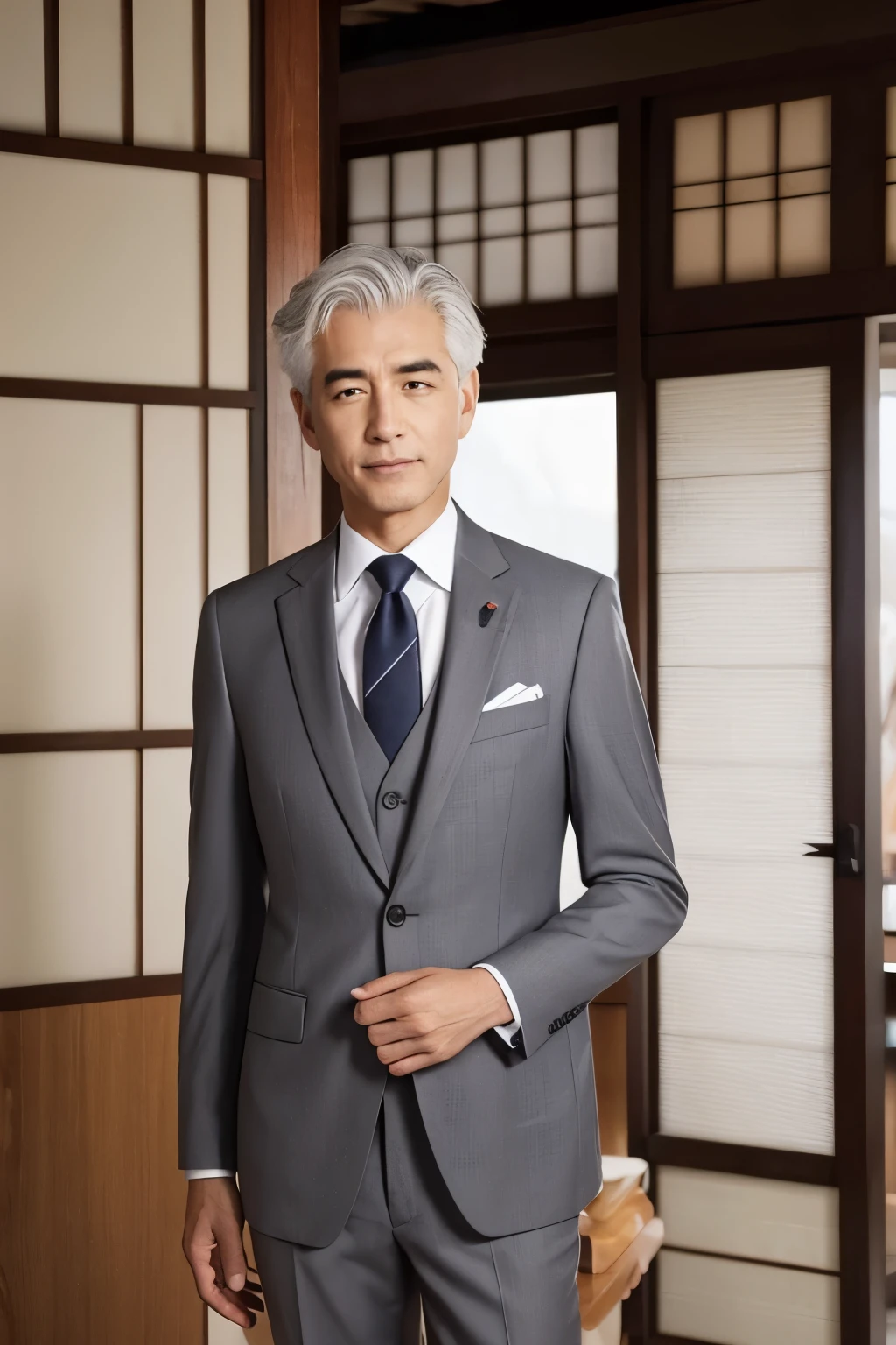 Wearing an expensive suit、Beautiful boy with gray hair、Japanese