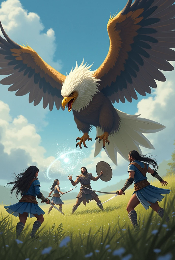 A hero party fighting monsters in the grassland, The monster is a giant griffin,((A griffin has the head and front legs of an eagle and the body, hind legs and tail of a lion., Eagle wings on his back)), A very strong monster that eats goblins and other creatures., The brave party、Blue Armored Heroine、A well-built man warrior with a shield、A mysterious summoner in ethnic clothing holding a spellbook、Four female samurai with swords, all beautiful, Each one fights with their own unique tactics, The summoner creates a magic circle of light in the air., The warrior blocks the griffin's claws with his shield., The hero jumps and attacks the griffin.
