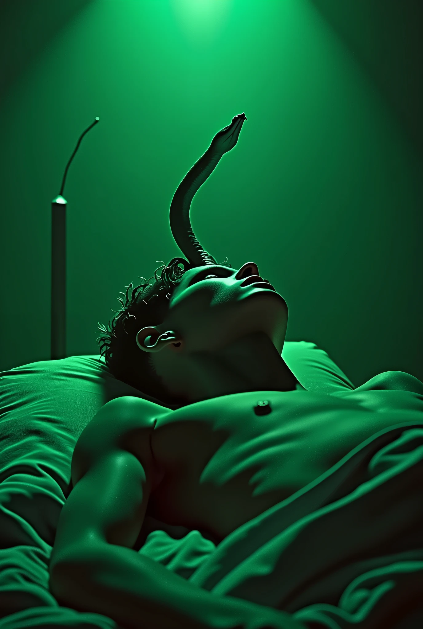 Snake in the brain, back light , dramatic ((masterpiece, Highest quality, Best image quality, High resolution, Realistic, RAW Photos, 8k)), ((Highly detailed CG synthesis 8k wallpaper)), (lean and slim, Very depressed face,
Perfect Proportions, Slim body beauty:1.4), The body of a college boy lying in bed , in green light, seen from below,