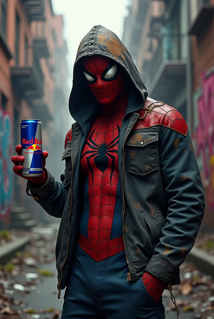 Imagine Spider-Man gangster avec une canette de Red Bull