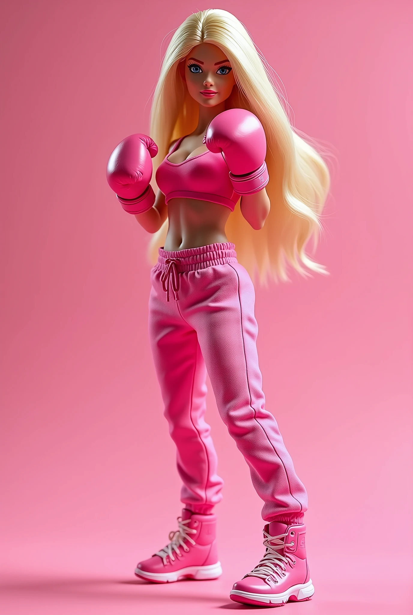 boxer Barbie, blonde, athletic figure, she wears pink sweat pants and sports bra, pink boxing boots, and pink boxing gloves