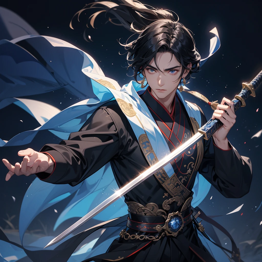 A Handsome black-hair male holding a large sword in an ancient chinese costume, Background is a dark night, with moonlight and millions of stars, twinkling everywhere, with blue light close up.