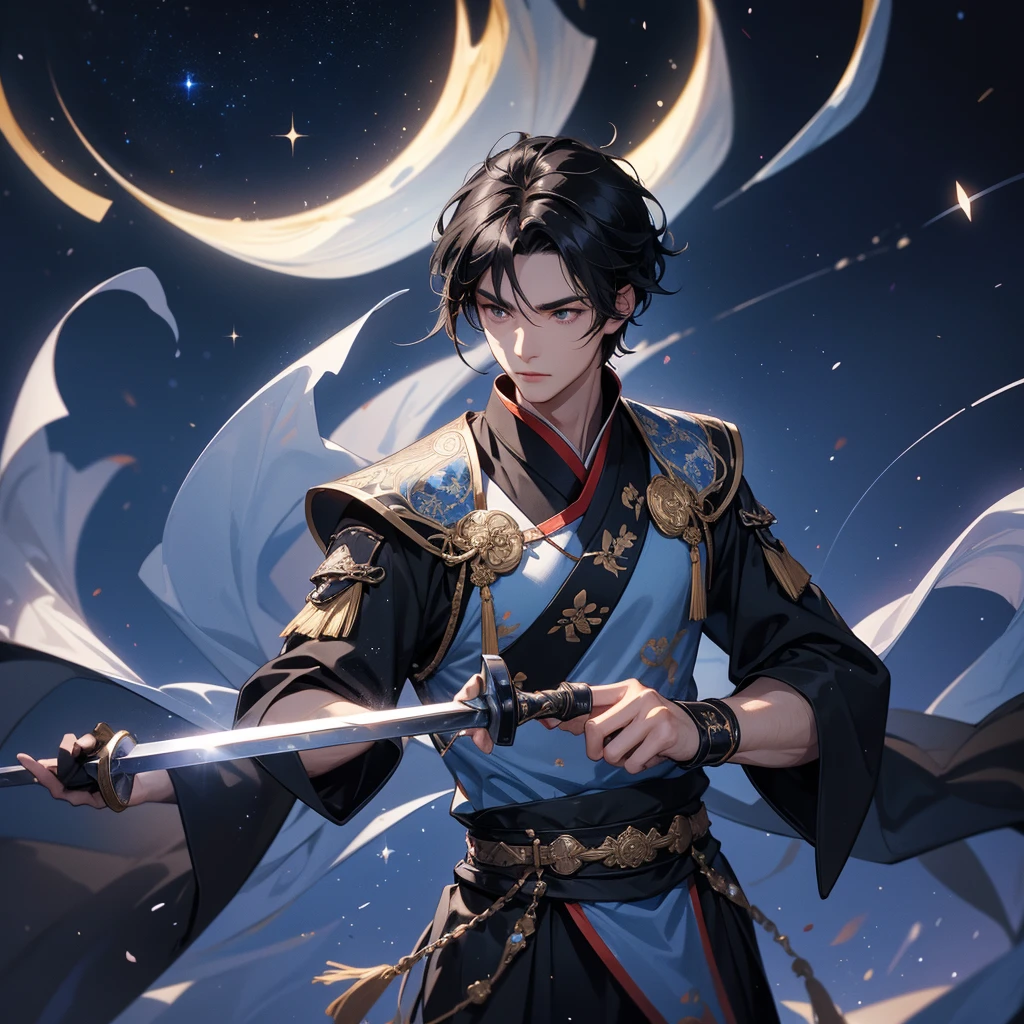 A Handsome black-hair male holding a large sword in an ancient chinese costume, Background is a dark night, with moonlight and millions of stars, twinkling everywhere, with blue light close up.