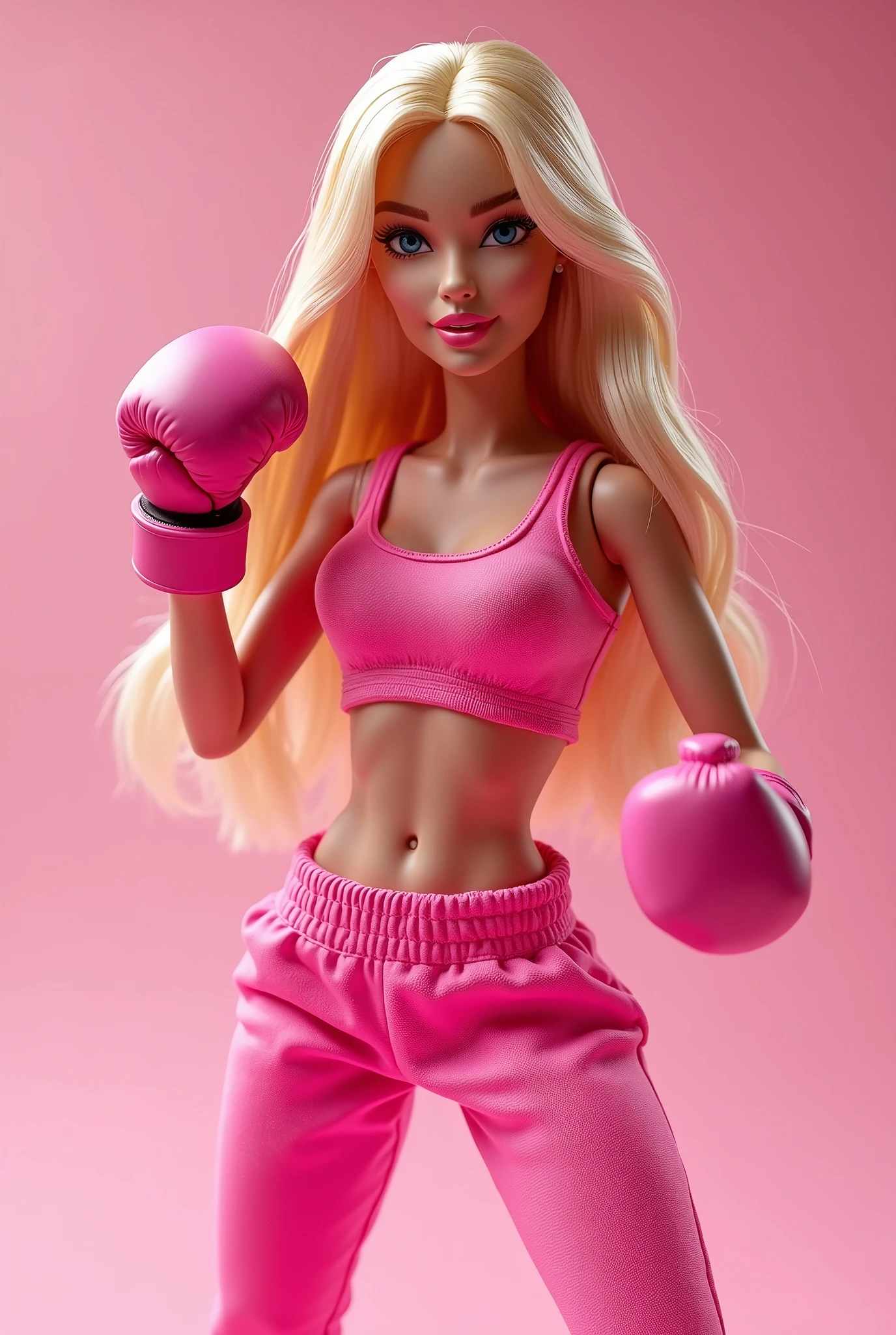 boxer Barbie, blonde, athletic figure, she wears pink sweat pants and sports bra, pink boxing boots, and pink boxing gloves
