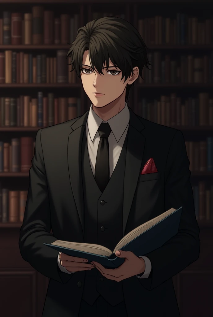 A young man with a center part wearing a suit, Study room with bookshelves, Looking towards me while holding a book, dark, 