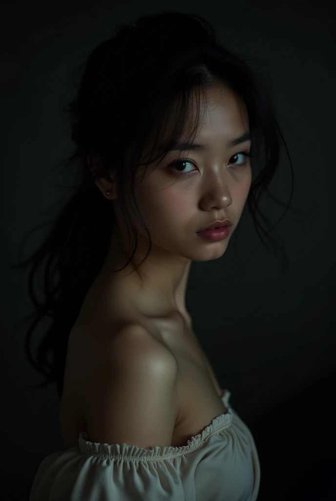 Highest quality, masterpiece, Ultra-high resolution, (Realistic:1.4), RAW Photos, One girl, Off the shoulder, In the Dark, Deep Shadow, Modest, Cold Light