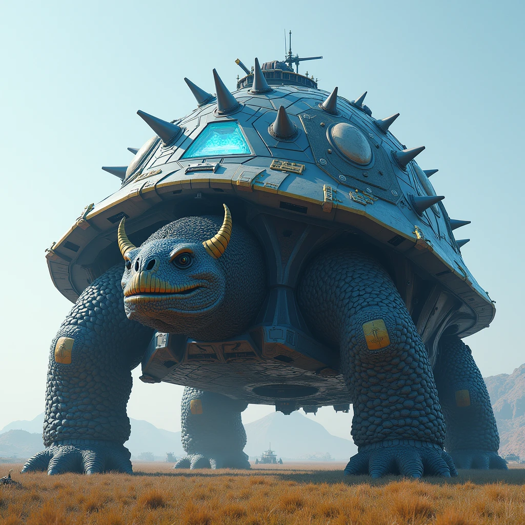Giant dragon-like turtle, 3D Rendering, Ultra-fine detail, high quality, High resolution, 最high quality,Large photochemical barrier,A spherical barrier that covers the entire body of the turtle,AT Field,Electromagnetic Barrier,Blue Barrier、Distort space,Geometric Shield,A giant military weapon built on a turtle shell,Huge railgun,Lots of anti-aircraft guns,Artillery fire,All at once