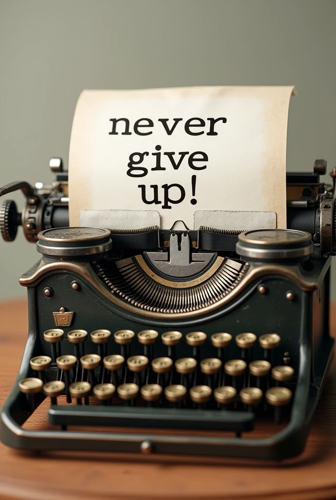a highly detailed closeup of a classic vintage typewriter with a scroll of paper, the phrase "NEVER GIVE UP!" written on it, realistic, retro, vintage, bronze and silver details, stylish lettering, old-fashioned
